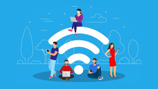 WiFi symbol with people using different types of devices devices