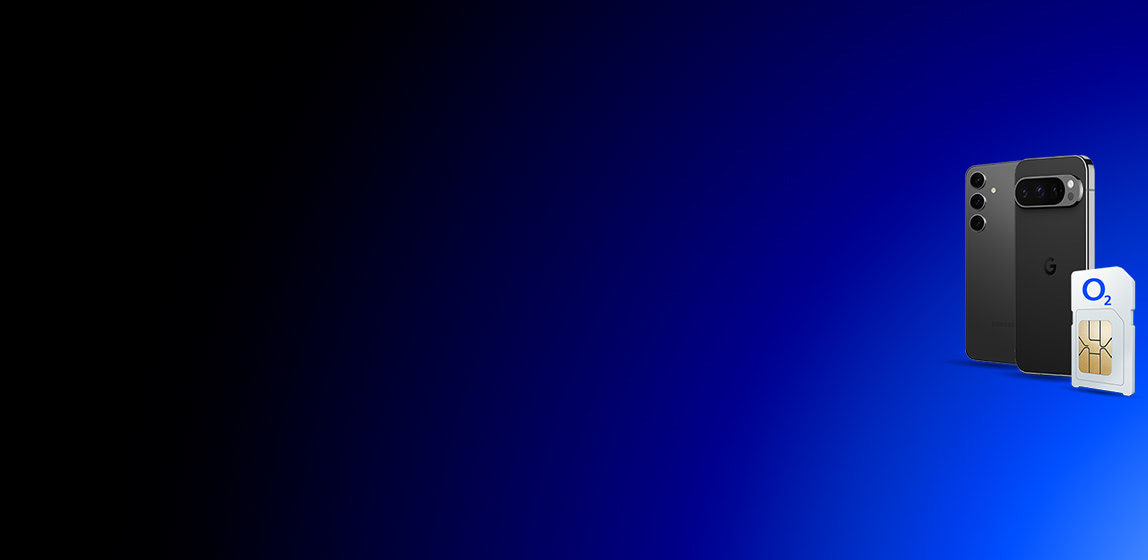 A selection of devices and a SIM card on a black and blue background
