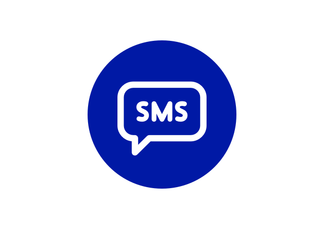 Speech bubble icon with SMS letters on the inside in white on a blue background
