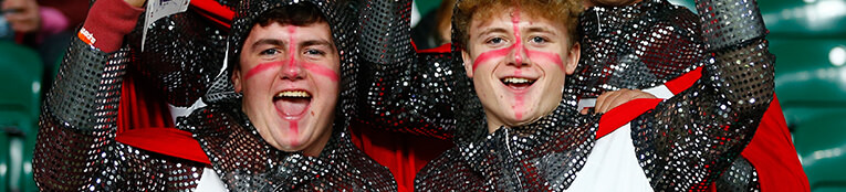 England rugby supporters dressed in suits of armour